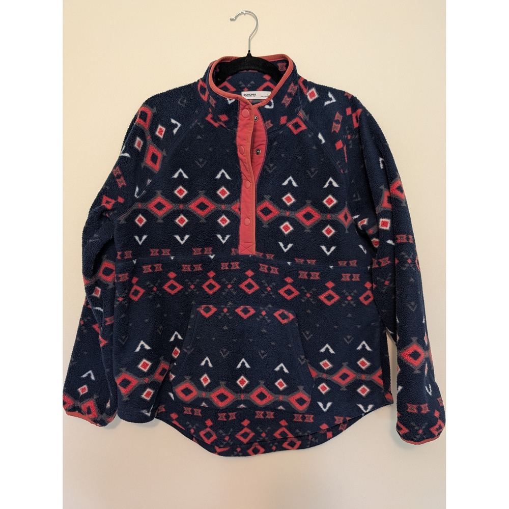 Sonoma Goods For Life Women Fleece Pullover Large Geometric Aztec Blue Snap